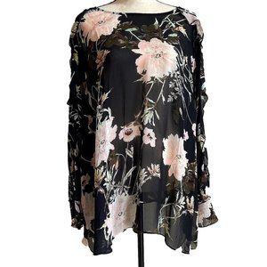 LUCKY BRAND top blouse black floral sheer ruffle bell sleeves plus 3X